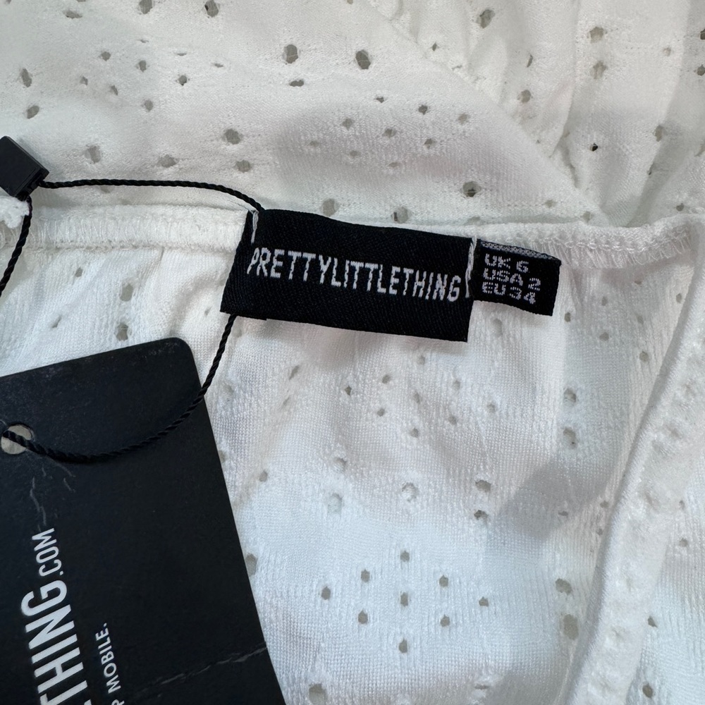 Pretty Little Things White Broderie Cowl Neck Frill Hem Bodycon Dress (sz 6) - Picture 10 of 12